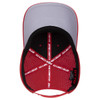A red and grey 6 panel mid profile perforated baseball cap featuring a logo inside.