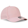 A pink perforated 6-panel mid-profile baseball cap with a logo on the front.