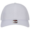 A white 6 panel mid-profile perforated baseball cap with a logo on the front.