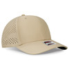 A beige 6-panel mid-profile baseball cap with perforated sides and a logo badge on the front.