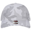A grey and white camo-patterned 6 Panel Mid Profile Perforated Baseball Cap featuring a logo on the front.