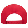 A red 6 panel mid-profile baseball cap featuring a branding logo on the back and an adjustable strap.