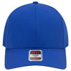 A blue 6-panel mid-profile baseball cap with a logo on the front and stitched detailing on the brim.