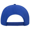 A blue 6 panel mid profile baseball cap featuring a logo on the back and an adjustable strap.