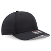 A black 6 panel mid profile baseball cap featuring a logo on the front and a curved visor.