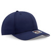 A navy blue 6 panel mid profile baseball cap with a logo on the front. Designed for comfortable headwear.
