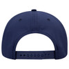 A navy blue 6 panel mid profile baseball cap with a back adjustment strap and a logo.