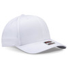 A white 6 panel mid-profile baseball cap with a logo on the front.