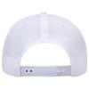 A white 6 panel mid profile baseball cap featuring an adjustable strap at the back and a logo.