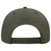 A dark green 6 panel mid profile baseball cap featuring a logo and an adjustable strap at the back.