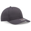 A grey 6 panel mid profile baseball cap with a logo on the front and a curved brim.