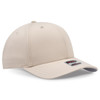 A beige 6-panel mid-profile baseball cap with a curved brim and a logo on the front.