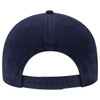 A navy blue 6 panel low profile dad hat featuring a back strap and a logo.