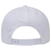 A white 6 panel low profile dad hat with a snapback closure and ventilation eyelets on the back.