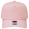 A pink 5 panel mid profile rope baseball cap with a logo on the front and a braided detail around the brim.