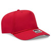 A red 5 panel mid-profile rope baseball cap featuring a logo on the front and a braided rope detail.