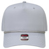 A grey 5 panel mid profile rope baseball cap with a decorative band and branding on the front.