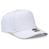 A white 5 panel mid profile rope baseball cap featuring a branding logo.