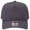 A grey 5 panel mid-profile baseball cap featuring a rope detailing and a branded tag on the front.