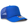A blue 5 Panel Mid Profile Rope Trucker Hat featuring a mesh side and a logo on the front.
