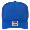 A blue 5 panel mid profile rope trucker hat featuring a mesh back and a logo label on the front.