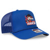 A blue 5 Panel Mid Profile Rope Trucker Hat with an embroidered design and mesh side panels.