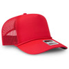 A red 5 Panel Mid Profile Rope Trucker Hat with a mesh back and a logo patch on the front.