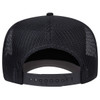 A black 5 panel mid-profile rope trucker hat featuring a mesh back and adjustable strap. It has a logo.