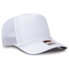 A white 5 panel mid profile rope trucker hat featuring a mesh back and a logo on the front.