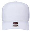A white 5 panel mid-profile rope trucker hat with a mesh back and a logo on the front.