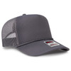 A grey 5-panel mid-profile rope trucker hat with a mesh back and a logo on the front.
