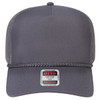 A grey 5 panel mid profile rope trucker hat with a logo and mesh back.