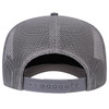 A grey 5 panel mid profile rope trucker hat with a mesh back and adjustable strap. It features a logo on the side.