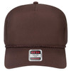 A brown 5 Panel Mid Profile Rope Trucker Hat featuring a logo and a classic mesh back.