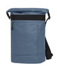 A blue roll-top backpack featuring a front pocket and adjustable shoulder straps, with an attached branding logo.