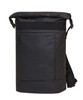 A black roll-top backpack made from durable material, featuring a side pocket and adjustable straps.