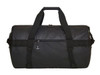 A black duffle bag with dual handles, a zippered top, and an attached logo.