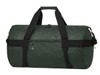 A green duffle bag with black straps and a zipper, featuring a side pocket and a logo.