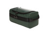 A green wash bag featuring a zip closure and a handle, made from durable material, with a logo.