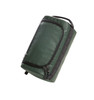 A green wash bag with zippered compartments and a sturdy handle, featuring a branded logo.