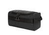 A black toiletry bag with a zippered closure and a carrying handle, featuring a logo on the front.