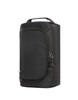 A black toiletry bag with a zippered compartment, featuring a handle and a simple design. It includes a logo.