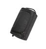 A black toiletry bag featuring a zippered compartment and a handle, with a branding logo on the side.