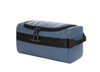 A blue toiletry bag with a zippered top and a black strap. It features a logo on the front.