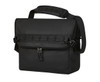 A black laptop bag with a shoulder strap and a flap closure, featuring a branded logo.