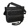 A black laptop bag with a shoulder strap, featuring mesh pockets and a logo.