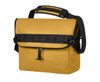 A yellow laptop bag with a black strap and a front zipper pocket, featuring a logo on the side.