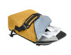 A yellow laptop bag with a grey interior, featuring a closed flap, revealing a laptop and documents inside.