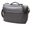 A grey promotional bag with a shoulder strap and handle, featuring a front pocket and a logo.