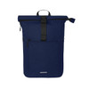 A navy blue Basic Backpack featuring a roll-top design, adjustable strap, and front pocket. It has a logo.